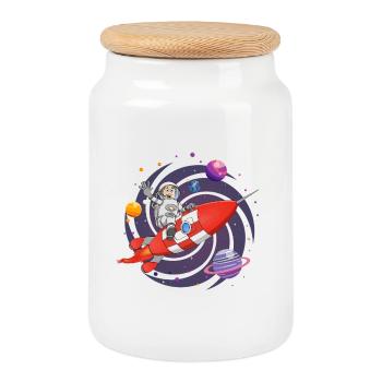 The astronaut and the red rocket in space. - Cookie Jar with Wooden Lid - white - Front