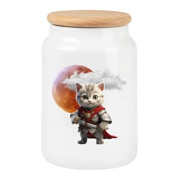 Knight Kitten Under Lunar Moon - Cookie Jar with Wooden Lid - white - Front