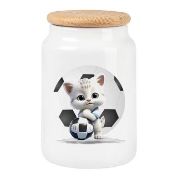 Mascotte chaton avec ballon de football - Boîte à biscuits avec couvercle en bois - blanc - Devant
