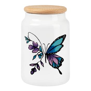 Elegant Butterfly with Floral Accents - Cookie Jar with Wooden Lid - white - Front