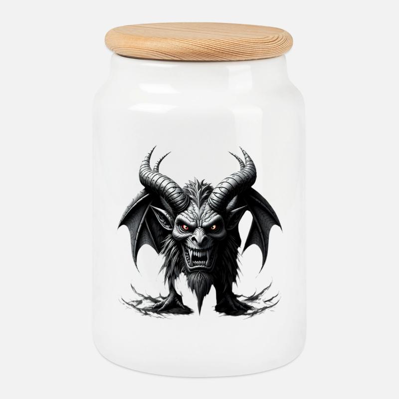 Redoutable Démon avec des cornes et des ailes de chauve-souris - Boîte à biscuits avec couvercle en bois - blanc