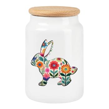 Floral Easter Bunny Silhouette - Boho Chic - Cookie Jar with Wooden Lid - white - Front