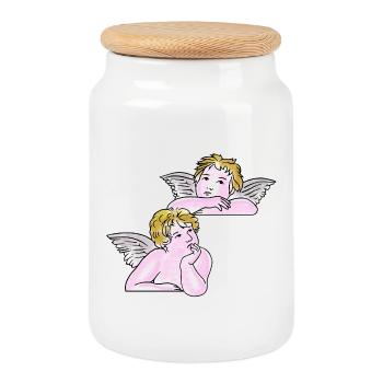 Cherubs line art - Cookie Jar with Wooden Lid - white - Front