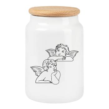 Cherubs line art - Cookie Jar with Wooden Lid - white - Front