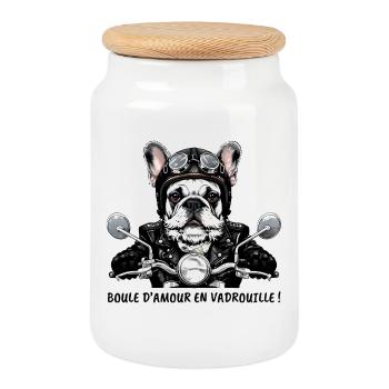 Boule d'amour en vadrouille ! Bulldog Motard - Boîte à biscuits avec couvercle en bois - blanc - Devant