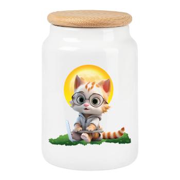 Smart Cat Sun Coder: Kitten Laptop Art Print - Cookie Jar with Wooden Lid - white - Front