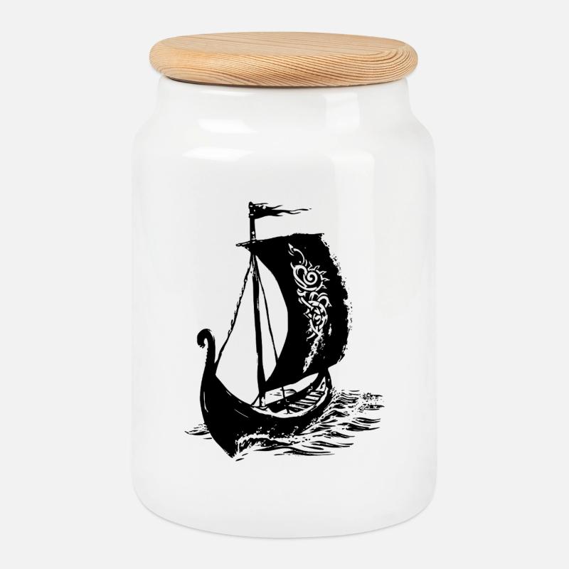 Wikinger-Langschiff - Keksdose mit Holzdeckel - Weiß