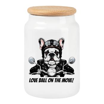 Biker Bulldog "Love Ball": Original Design - Cookie Jar with Wooden Lid - white - Front