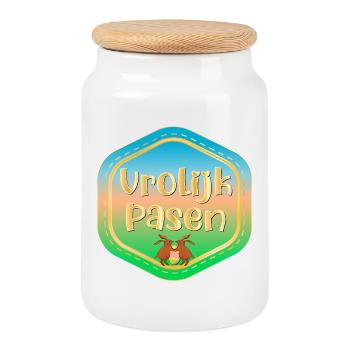 Joyeuses Pâques lapins de Pâques - Boîte à biscuits avec couvercle en bois - blanc - Devant