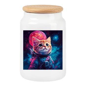 Katze Astronaut rosa Weltraum - Keksdose mit Holzdeckel - Weiß - Vorne