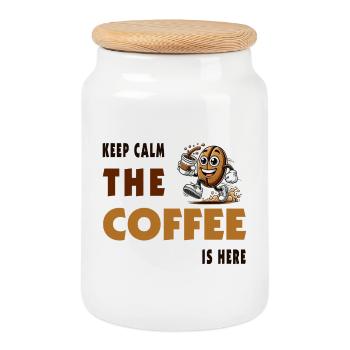 Keep Calm – The Coffee Is Here - Cookie Jar with Wooden Lid - white - Front