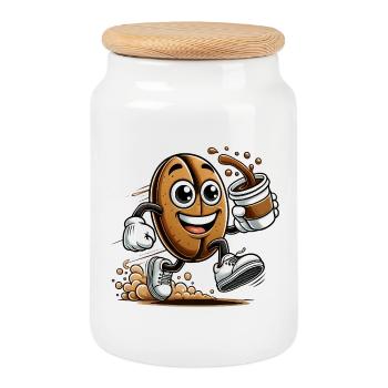 Coffee to Go – Happy Coffee Bean - Cookie Jar with Wooden Lid - white - Front