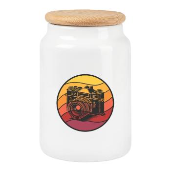 Vintage Camera Sunset Style - Cookie Jar with Wooden Lid - white - Front