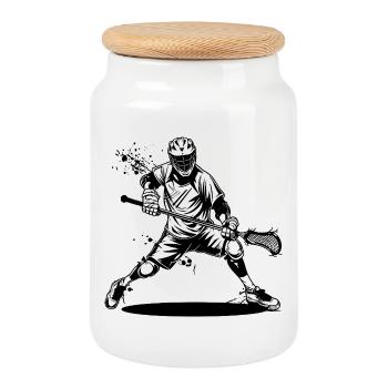 Lacrosse Player Drawing - Cookie Jar with Wooden Lid - white - Front