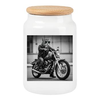 Chat Motard Rock : Design Cool et Original - Boîte à biscuits avec couvercle en bois - blanc - Devant