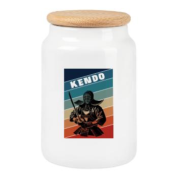 Vintage Kendo Samurai - Cookie Jar with Wooden Lid - white - Front