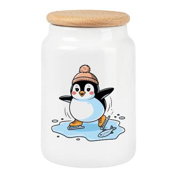 Schlittschuh-Pinguin - Keksdose mit Holzdeckel - Weiß - Vorne