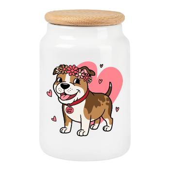 Mignon Pitbull Love Bug avec couronne florale - Boîte à biscuits avec couvercle en bois - blanc - Devant
