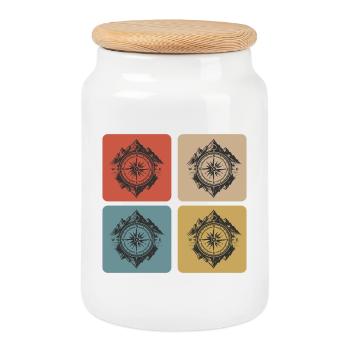 Compass & Mountains Vintage Design - Cookie Jar with Wooden Lid - white - Front