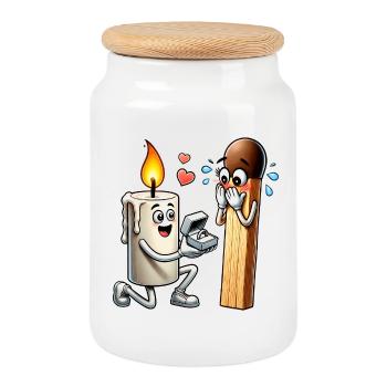 Candle loves match - Cookie Jar with Wooden Lid - white - Front