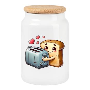 Toast Bread Loves Toaster - Cookie Jar with Wooden Lid - white - Front