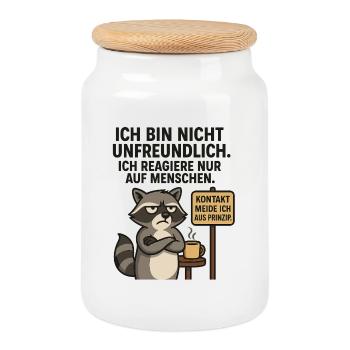 Waschbär Spruch: Kontaktvermeidung - Keksdose mit Holzdeckel - Weiß - Vorne