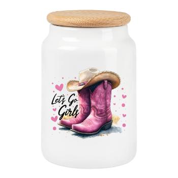 Lets Go Girls Western Pink Stiefel Frauen Geschenk - Keksdose mit Holzdeckel - Weiß - Vorne
