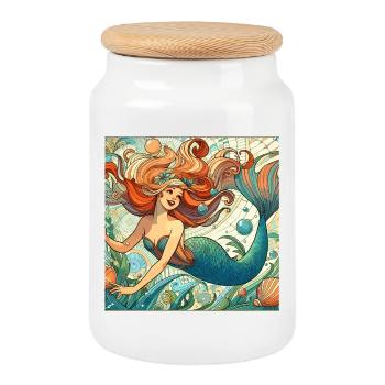 Mermaid Mermaid Red Hair Art Nouveau Gift - Cookie Jar with Wooden Lid - white - Front