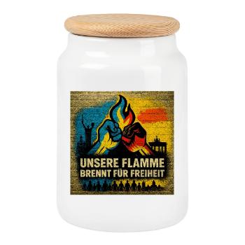 Unsere Flamme brennt für Freiheit Ukraine /De - Keksdose mit Holzdeckel - Weiß - Vorne