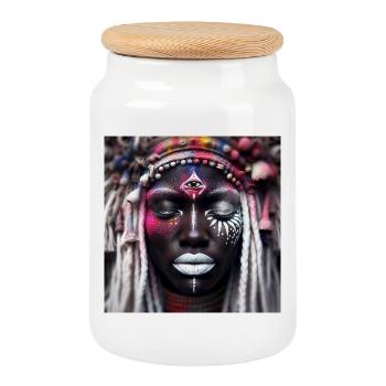 African Deity - Cookie Jar with Wooden Lid - white - Front
