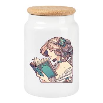 Buch Bücher Lesen Frau Art Nouveau Geschenk - Keksdose mit Holzdeckel - Weiß - Vorne