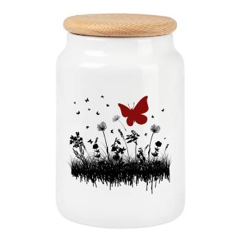 Dessin de papillon avec accent floral - Boîte à biscuits avec couvercle en bois - blanc - Devant