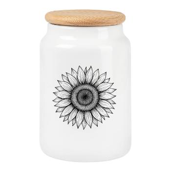Sunflower Black and White Illustration - Cookie Jar with Wooden Lid - white - Front