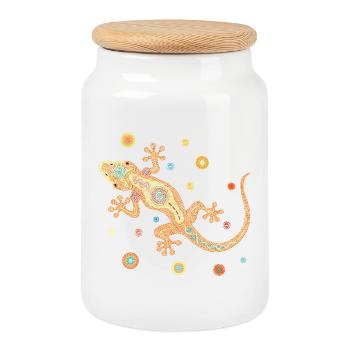 Mosaic Lizard – Colorful Animal Design - Cookie Jar with Wooden Lid - white - Front