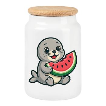 Melon de phoque Fruité d’été - Boîte à biscuits avec couvercle en bois - blanc - Devant