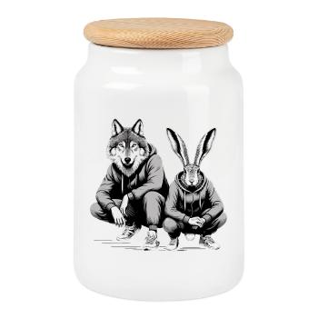 Slavic Squat Russian Squat Hare and Wolf Gift - Cookie Jar with Wooden Lid - white - Front
