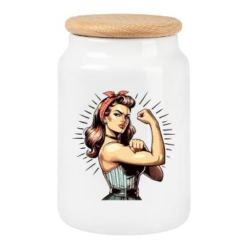 Starke Frau zeigt Stärke Rockabilly Style Geschenk - Keksdose mit Holzdeckel - Weiß - Vorne