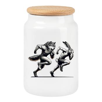 Competition Rabbit and Wolf Race Sprint Gift - Cookie Jar with Wooden Lid - white - Front