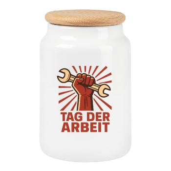 Tag der Arbeit – Faust mit Schraubenschlüssel - Keksdose mit Holzdeckel - Weiß - Vorne