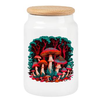 Un monde de champignons imaginatif dans la forêt - Boîte à biscuits avec couvercle en bois - blanc - Devant