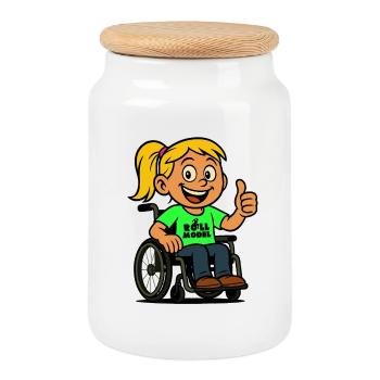 Lolla Vorbild der Rollstuhlfahrer. Rollstuhl # - Keksdose mit Holzdeckel - Weiß - Vorne