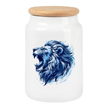 Lion rugit Accents bleus Tête de lion Cadeau fort - Boîte à biscuits avec couvercle en bois - blanc - Devant