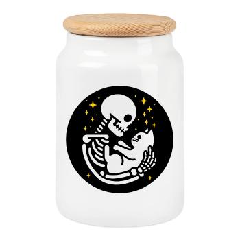 Skeleton with cat - Cookie Jar with Wooden Lid - white - Front