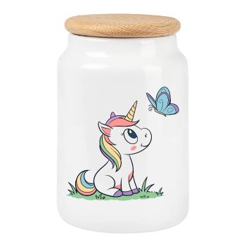 Süßes neugieriges Baby Einhorn und Schmetterling Magazin v01 - Keksdose mit Holzdeckel - Weiß - Vorne