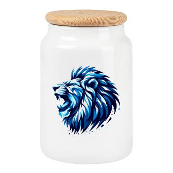 Lion Roars Blue Accents Geometric Gift - Cookie Jar with Wooden Lid - white - Front