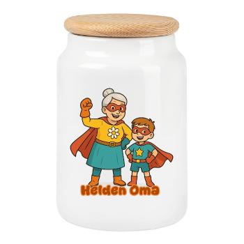 süßer Superhelden-Grandma & Enkel-Design - Keksdose mit Holzdeckel - Weiß - Vorne
