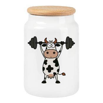 Funny Cow Barbell Workout Fitness Bodybuilding - Cookie Jar with Wooden Lid - white - Front