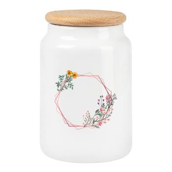 Hexagone à décor de fleurs - Boîte à biscuits avec couvercle en bois - blanc - Devant
