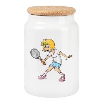 Fröhliches Bild eines Tennisspielers - Keksdose mit Holzdeckel - Weiß - Vorne