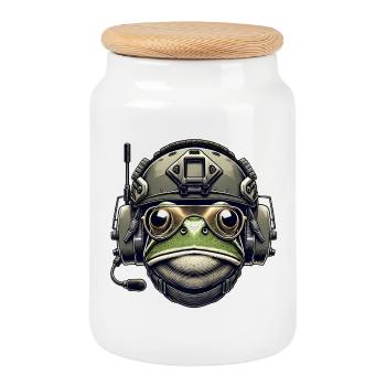 Military Frog - Cookie Jar with Wooden Lid - white - Front